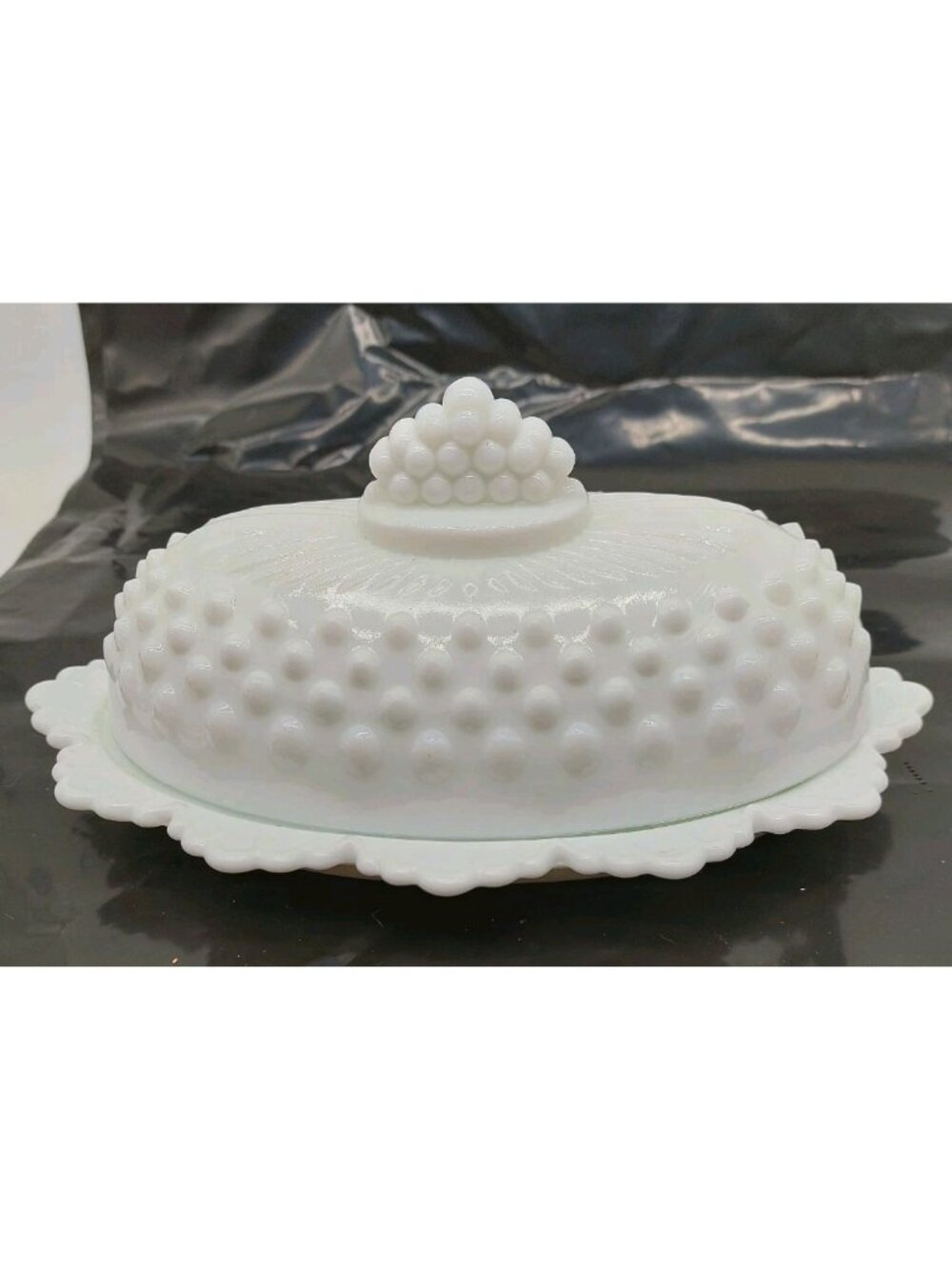 Fenton White Milk Glass Hobnail Oval Covered Butter Dish Vintage